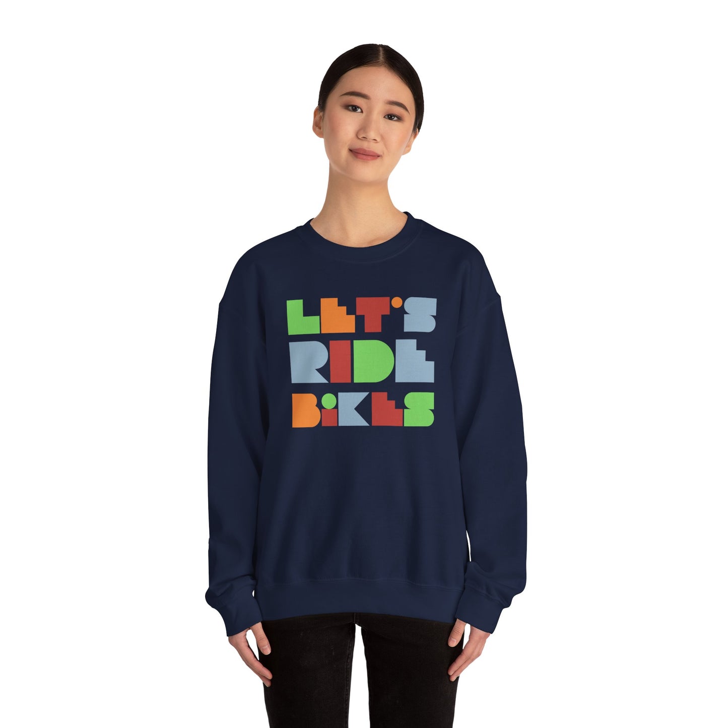 Let’s Ride Bikes Sweatshirt – Geometric Cycling Graphic Unisex Gildan 18000 Crewneck | Casual Bike Life Apparel