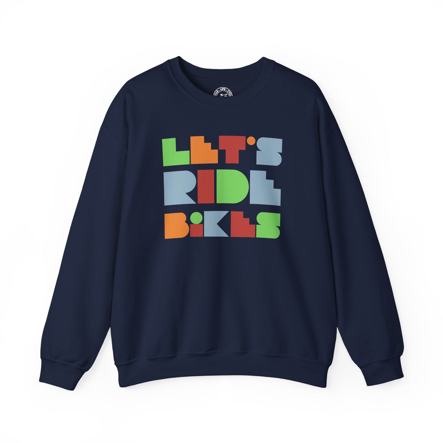Let’s Ride Bikes Sweatshirt – Geometric Cycling Graphic Unisex Gildan 18000 Crewneck | Casual Bike Life Apparel