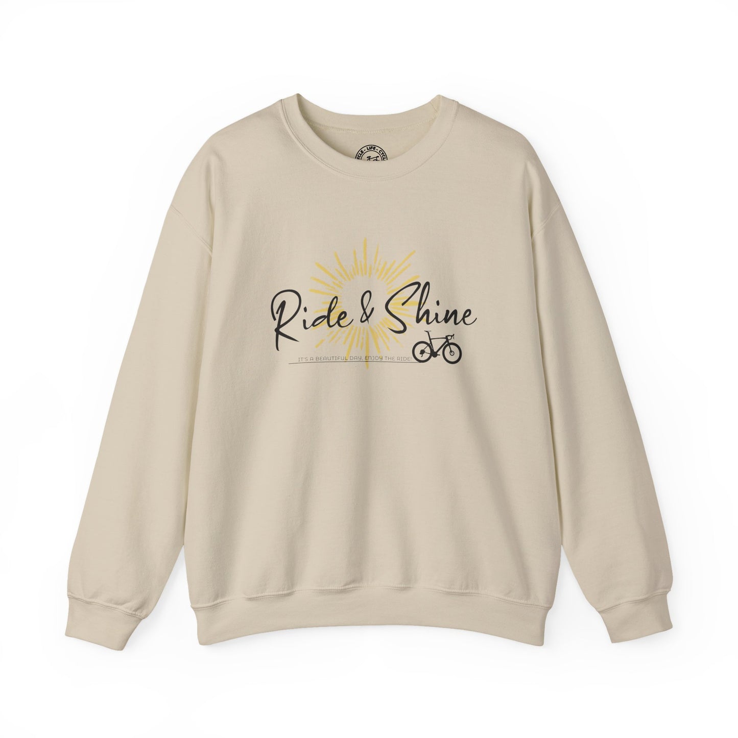 Ride & Shine Cycling Sweatshirt | Gildan 18000 Heavy Blend | Sunrise Bike Crewneck | Cycling Lifestyle Pullover