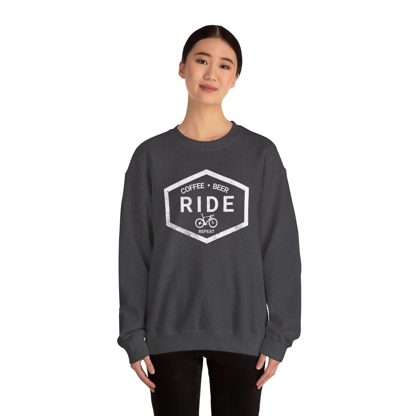 Coffee Ride Beer Repeat Sweatshirt | Gildan 18000 Heavy Blend | Cycling Lifestyle Crewneck | Bike Pullover