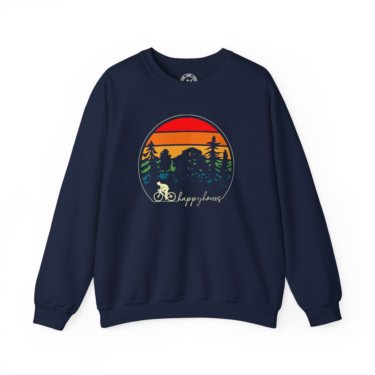 Happy Hours Cycling Sweatshirt | Gildan 18000 Heavy Blend | Sunset Bike Crewneck | Cycling Lifestyle Pullover