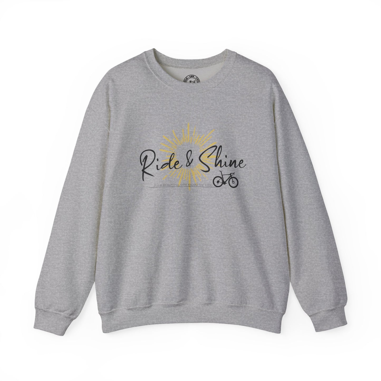 Ride & Shine Cycling Sweatshirt | Gildan 18000 Heavy Blend | Sunrise Bike Crewneck | Cycling Lifestyle Pullover