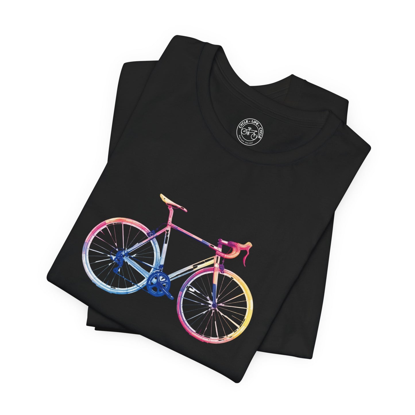 Colorful Bicycle T-Shirt | Bella + Canvas 3001 | Artistic Cycling Shirt | Rainbow Bike Graphic Tee | Not a Racer