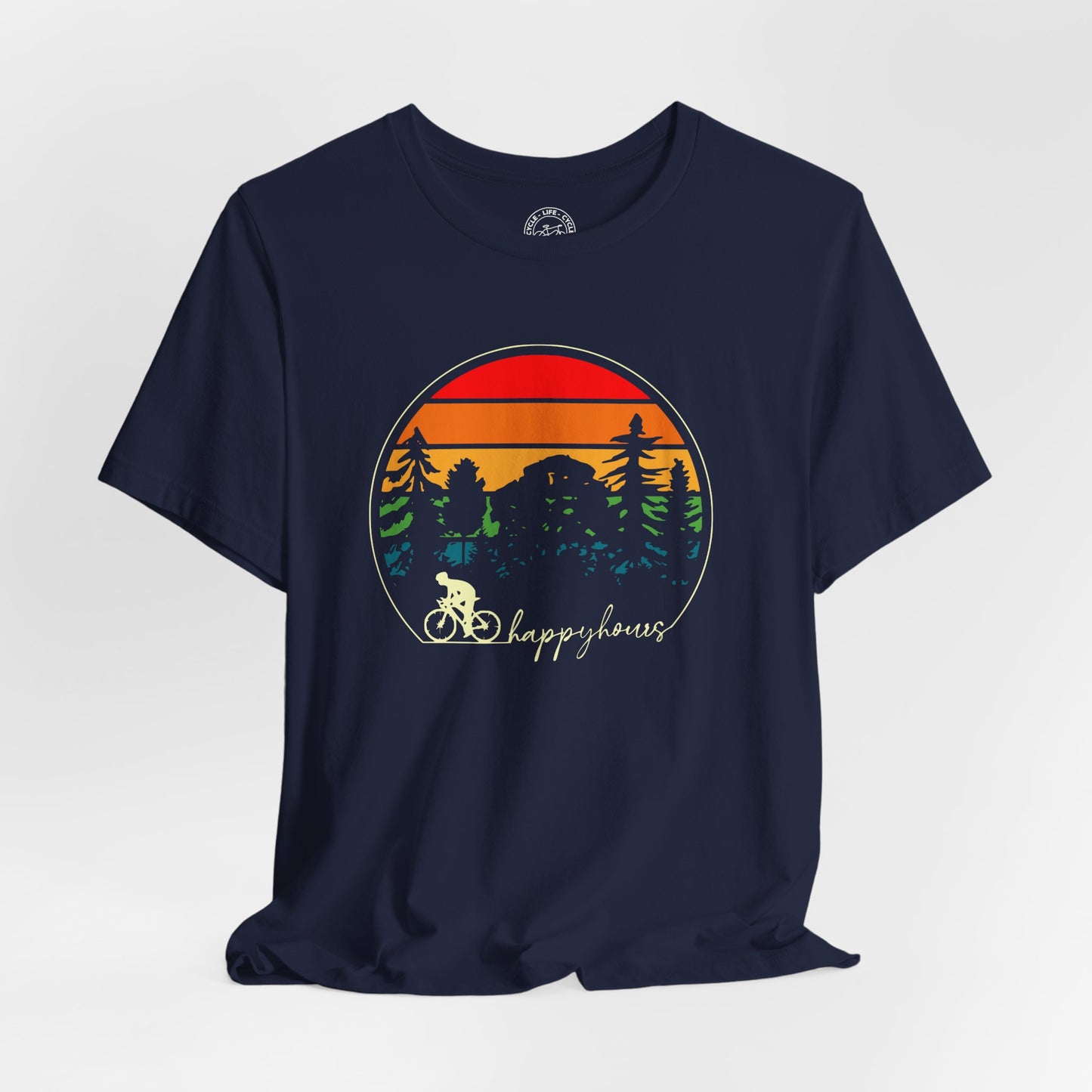 Happy Hours Cycling T-Shirt | Bella + Canvas 3001 | Sunset Bike Shirt | Cycling Lifestyle Tee | Not a Racer
