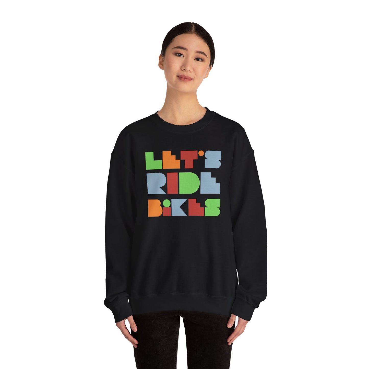 Let’s Ride Bikes Sweatshirt – Geometric Cycling Graphic Unisex Gildan 18000 Crewneck | Casual Bike Life Apparel