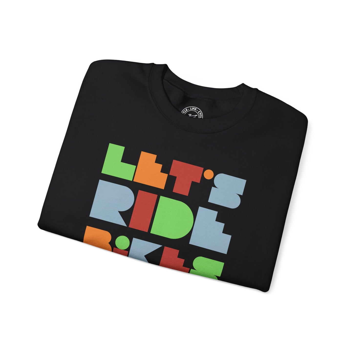 Let’s Ride Bikes Sweatshirt – Geometric Cycling Graphic Unisex Gildan 18000 Crewneck | Casual Bike Life Apparel