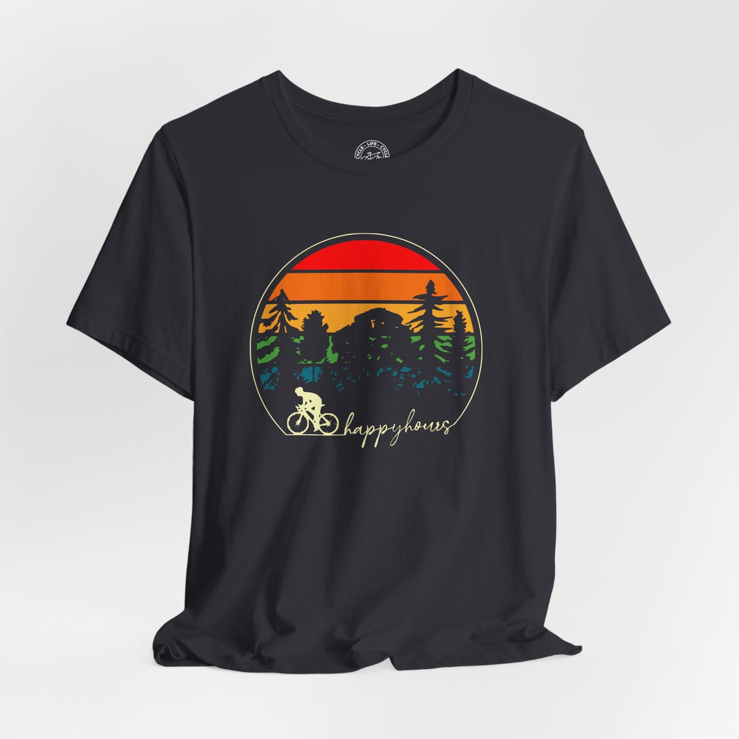 Happy Hours Cycling T-Shirt | Bella + Canvas 3001 | Sunset Bike Shirt | Cycling Lifestyle Tee | Not a Racer