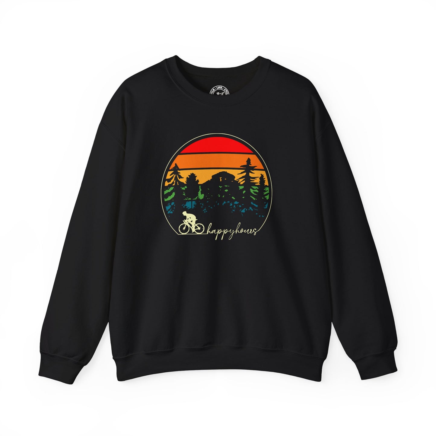 Happy Hours Cycling Sweatshirt | Gildan 18000 Heavy Blend | Sunset Bike Crewneck | Cycling Lifestyle Pullover